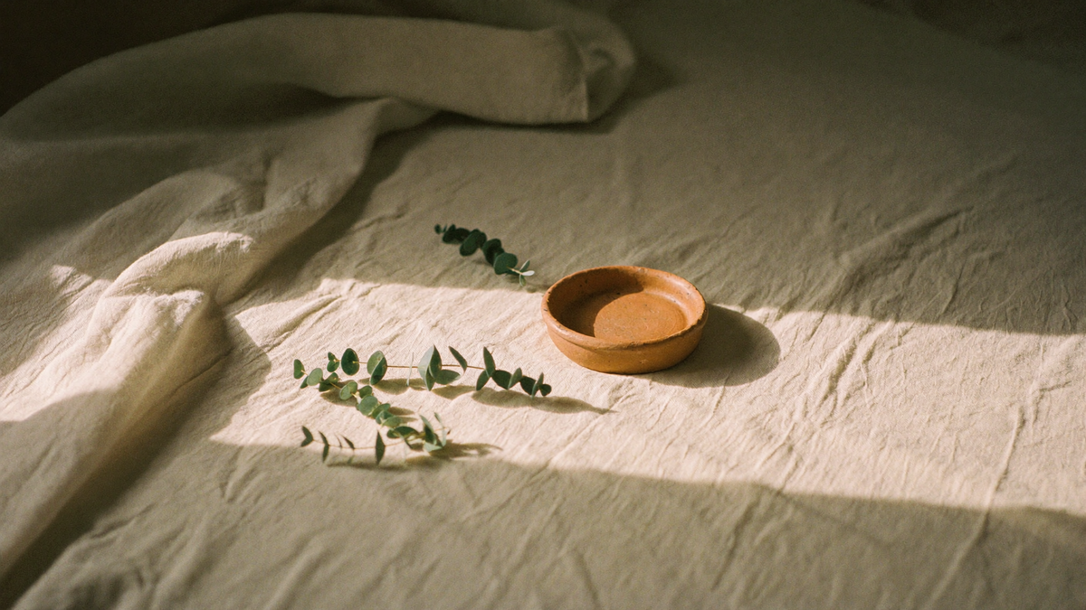 Soft daylight across cream linen with eucalyptus and a small terracotta dish